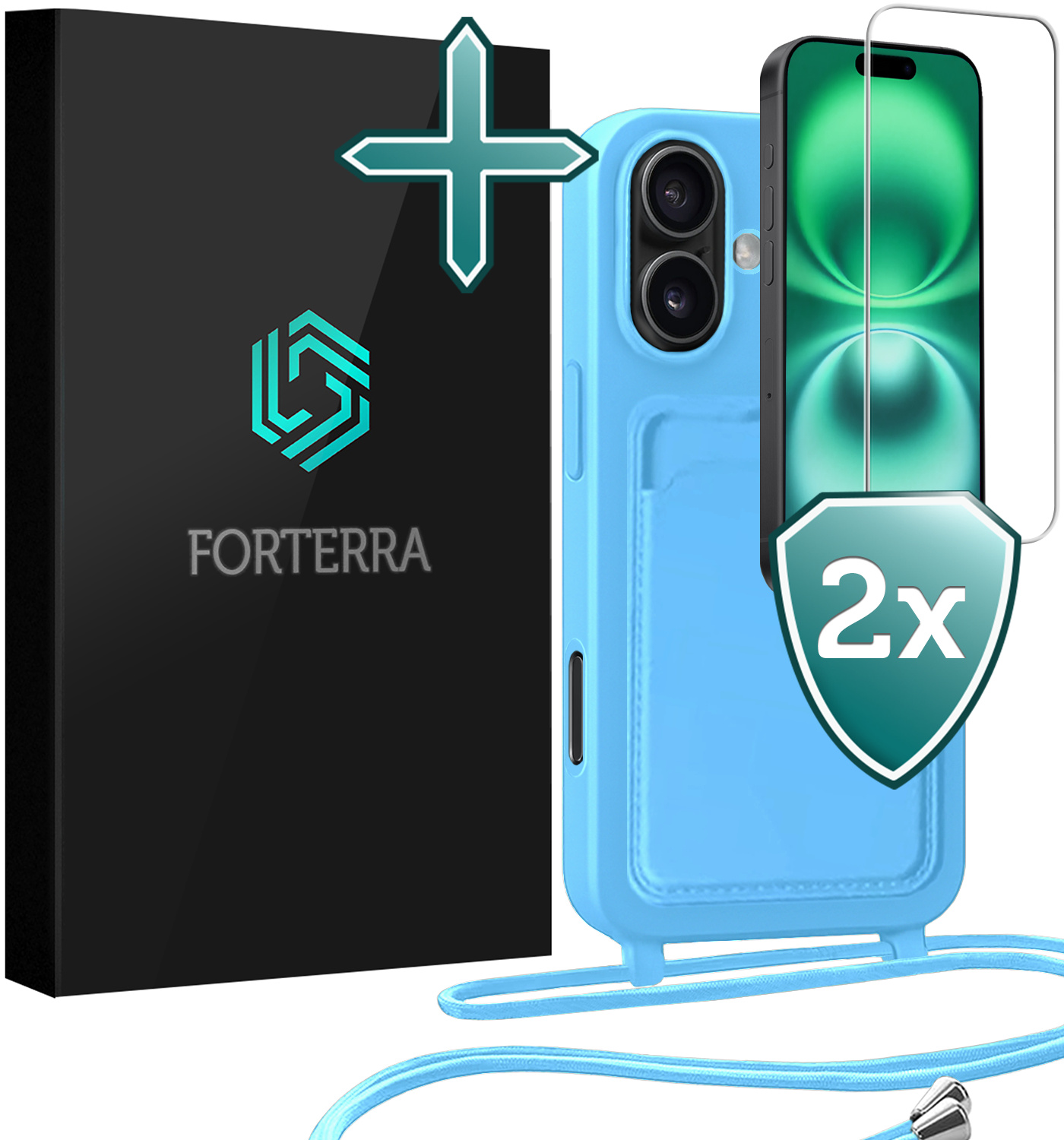 Forterra Forterra iPhone 16 Plus Hoesje Pashouder met Koord Met 2x Screenprotector - Lichtblauw