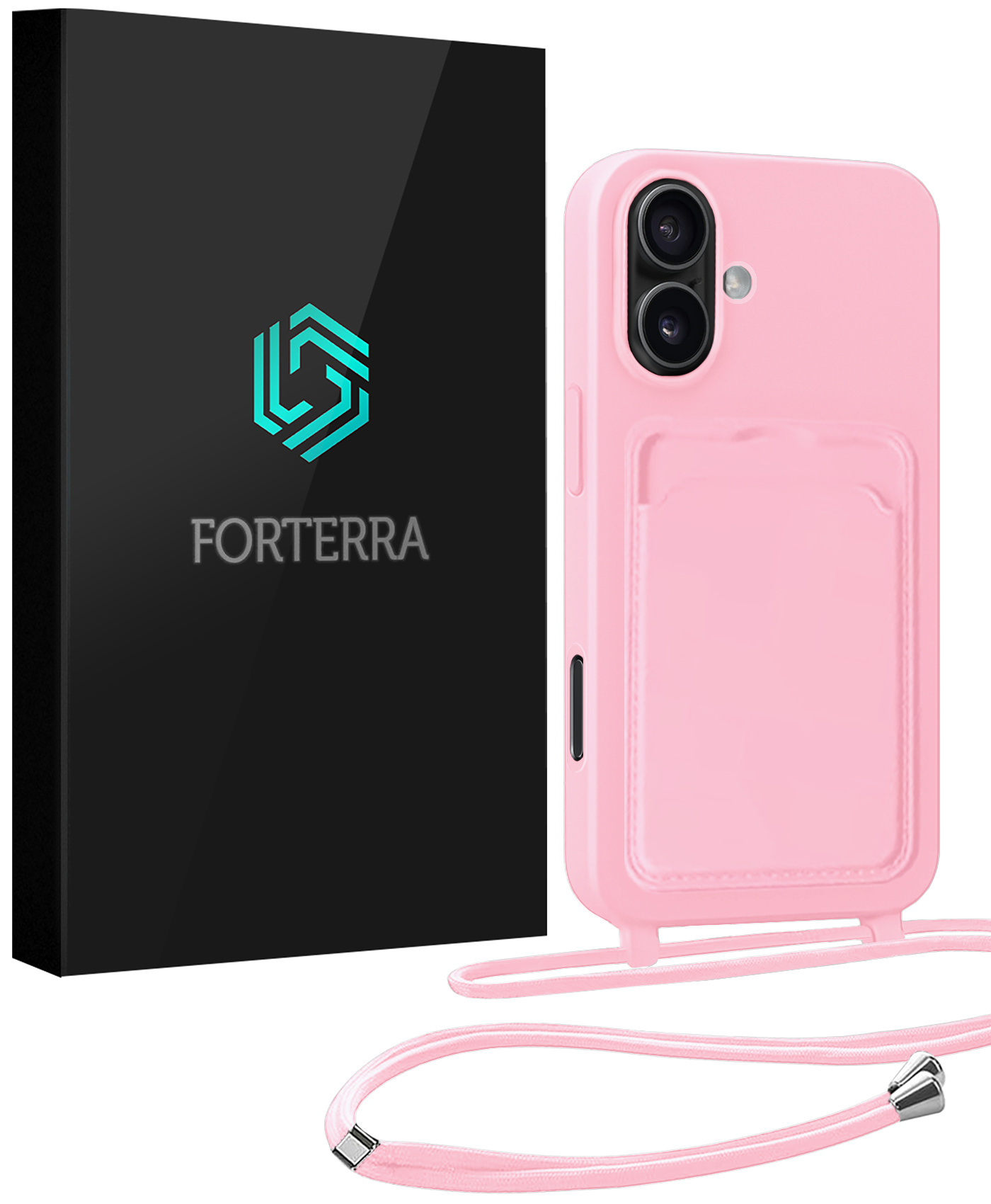 Forterra Forterra iPhone 16 Plus Hoesje Pashouder met Koord - Lichtroze