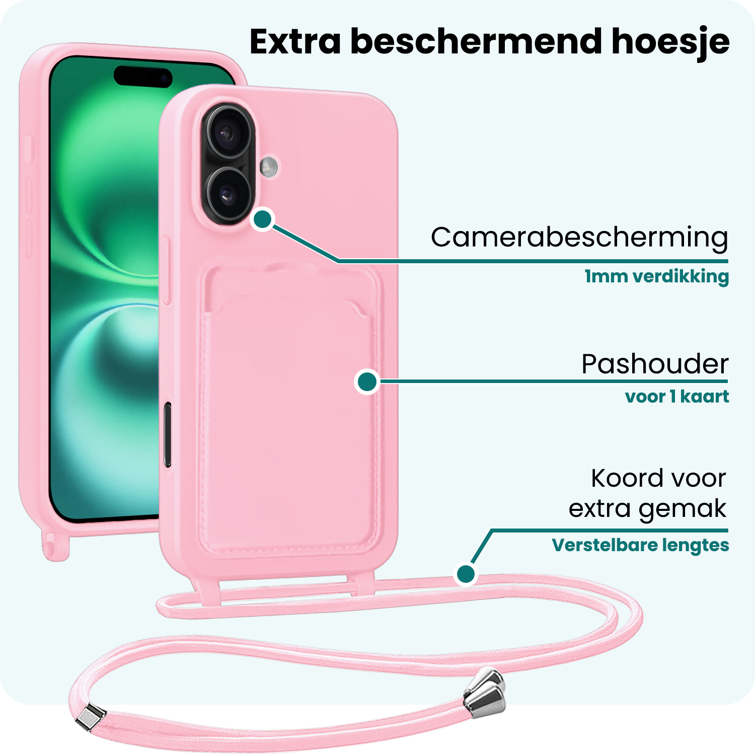 Forterra Forterra iPhone 16 Plus Hoesje Pashouder met Koord - Lichtroze