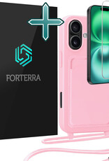 Forterra Forterra iPhone 16 Plus Hoesje Pashouder met Koord Met Screenprotector - Lichtroze