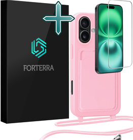 Forterra Forterra iPhone 16 Plus Hoesje Pashouder met Koord Met Screenprotector - Lichtroze