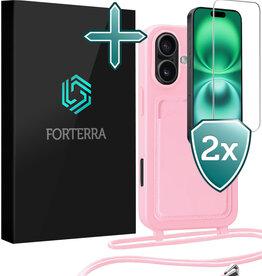 Forterra Forterra iPhone 16 Plus Hoesje Pashouder met Koord Met 2x Screenprotector - Lichtroze