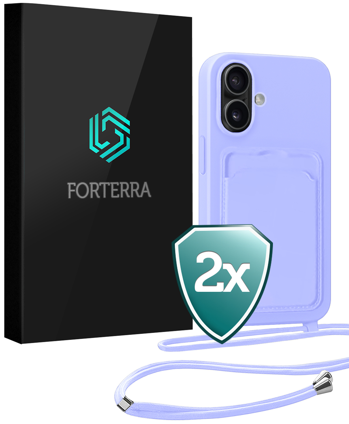 Forterra Forterra iPhone 16 Plus Hoesje Pashouder met Koord - Lila - 2 PACK