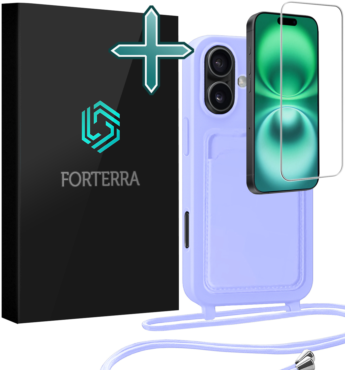 Forterra Forterra iPhone 16 Plus Hoesje Pashouder met Koord Met Screenprotector - Lila