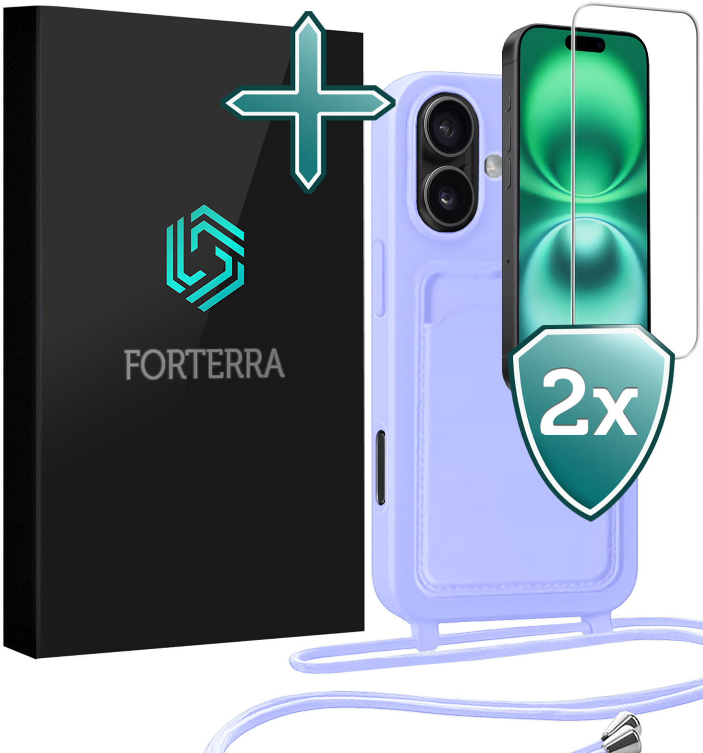Forterra Forterra iPhone 16 Plus Hoesje Pashouder met Koord Met 2x Screenprotector - Lila