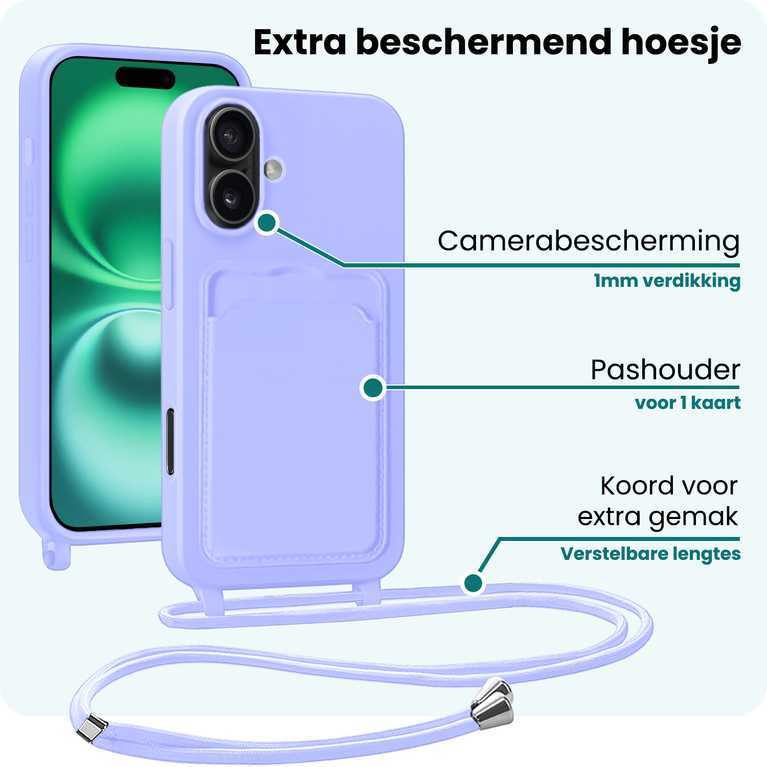 Forterra Forterra iPhone 16 Plus Hoesje Pashouder met Koord Met 2x Screenprotector - Lila
