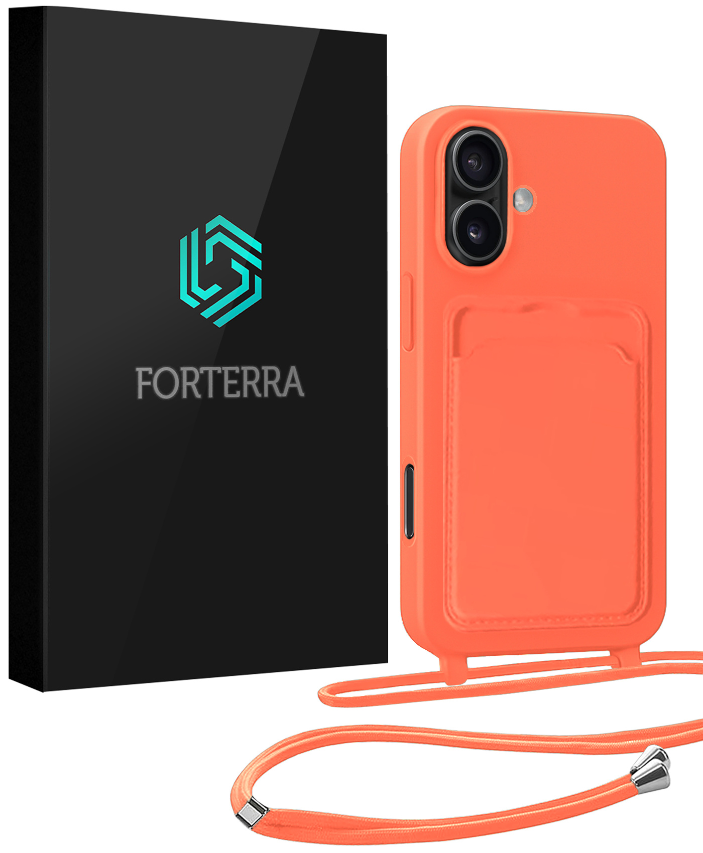 Forterra Forterra iPhone 16 Plus Hoesje Pashouder met Koord - Papaya