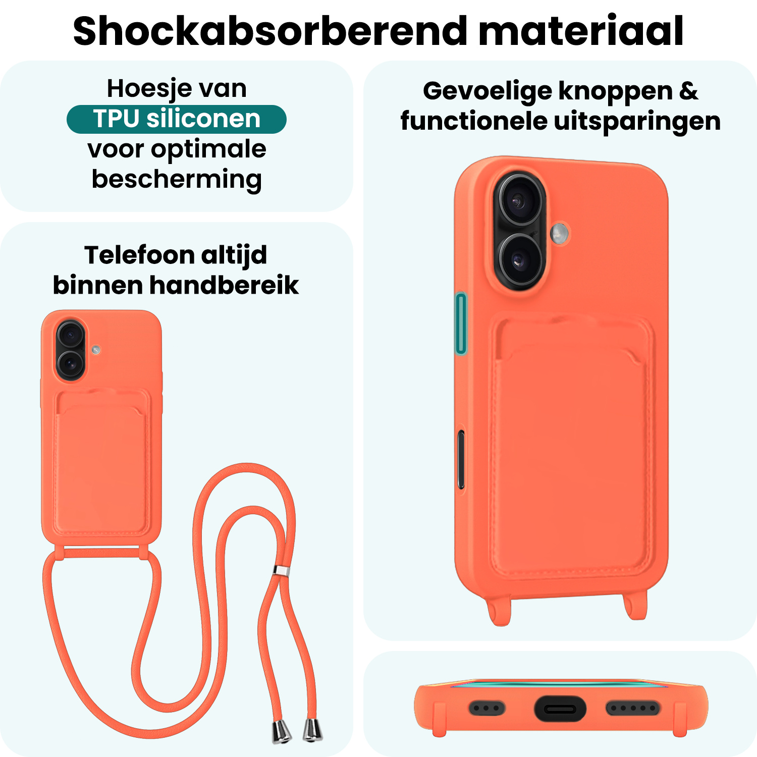 Forterra Forterra iPhone 16 Plus Hoesje Pashouder met Koord Met Screenprotector - Papaya