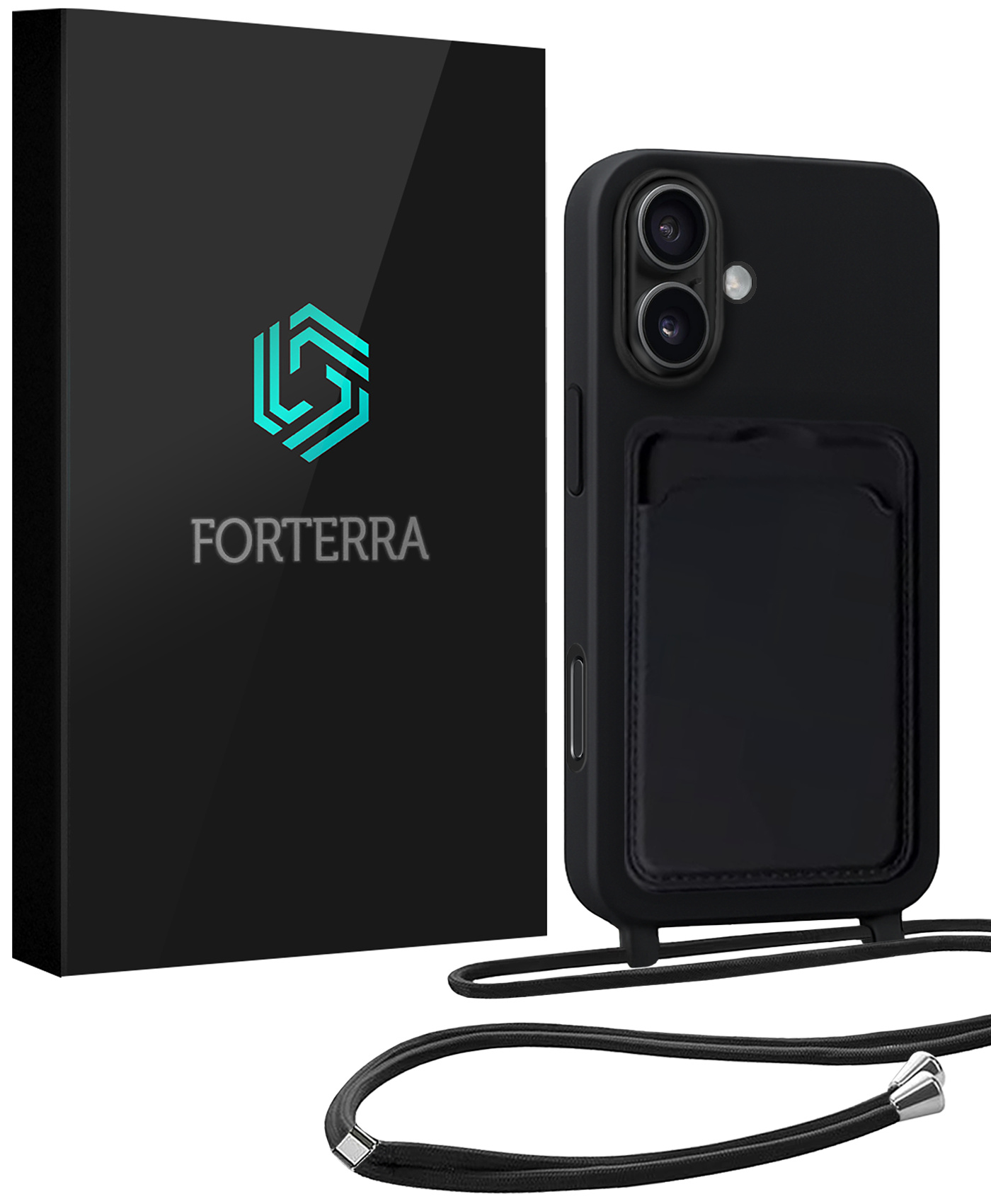Forterra Forterra iPhone 16 Plus Hoesje Pashouder met Koord - Zwart