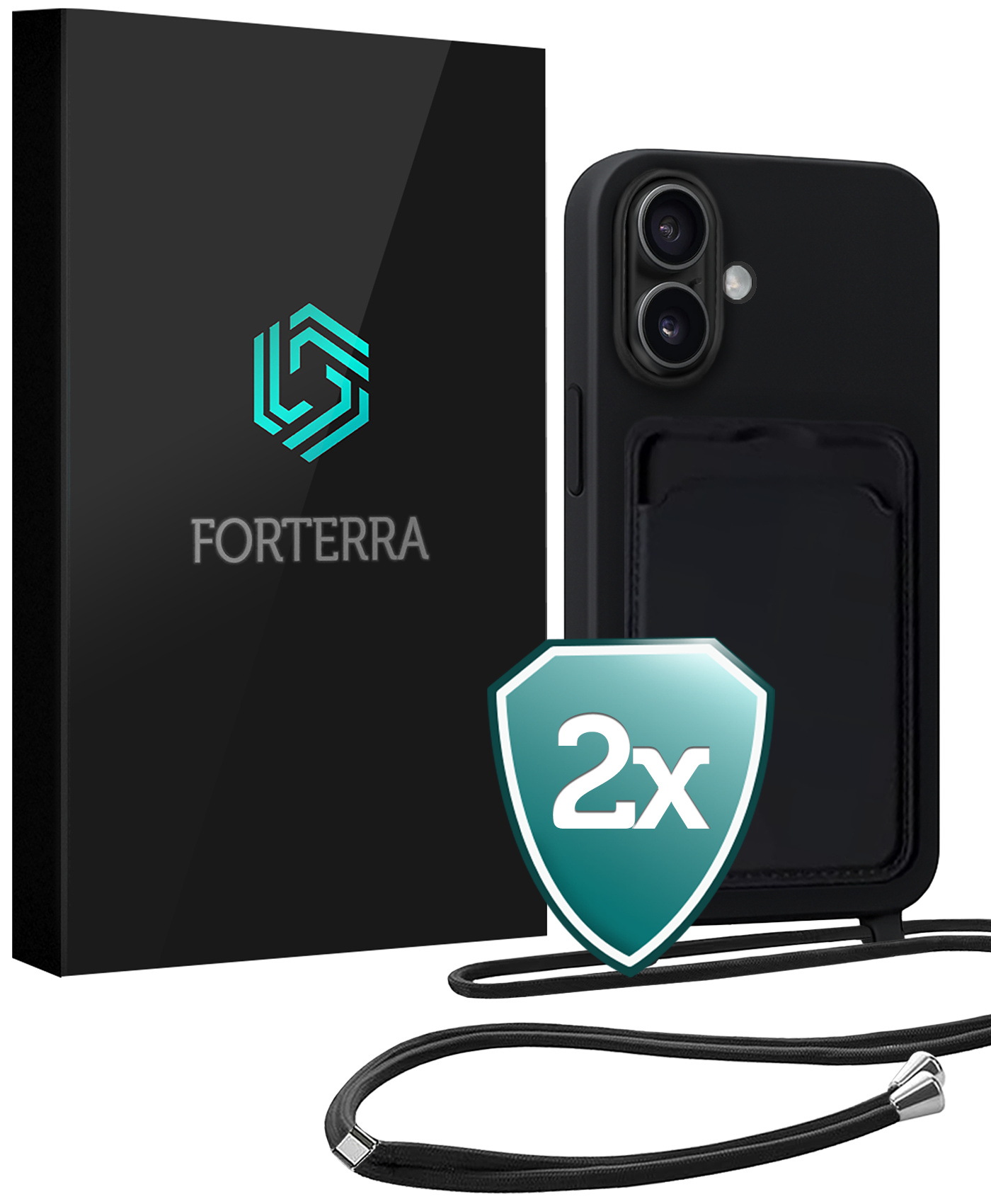 Forterra Forterra iPhone 16 Plus Hoesje Pashouder met Koord - Zwart - 2 PACK