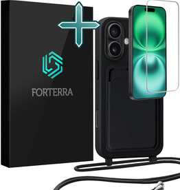 Forterra Forterra iPhone 16 Plus Hoesje Pashouder met Koord Met Screenprotector - Zwart