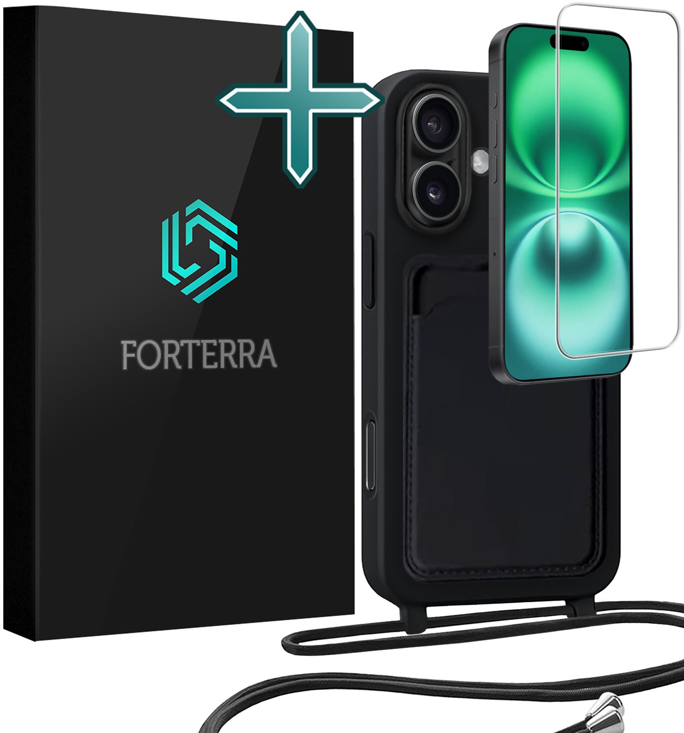 Forterra Forterra iPhone 16 Plus Hoesje Pashouder met Koord Met Screenprotector - Zwart