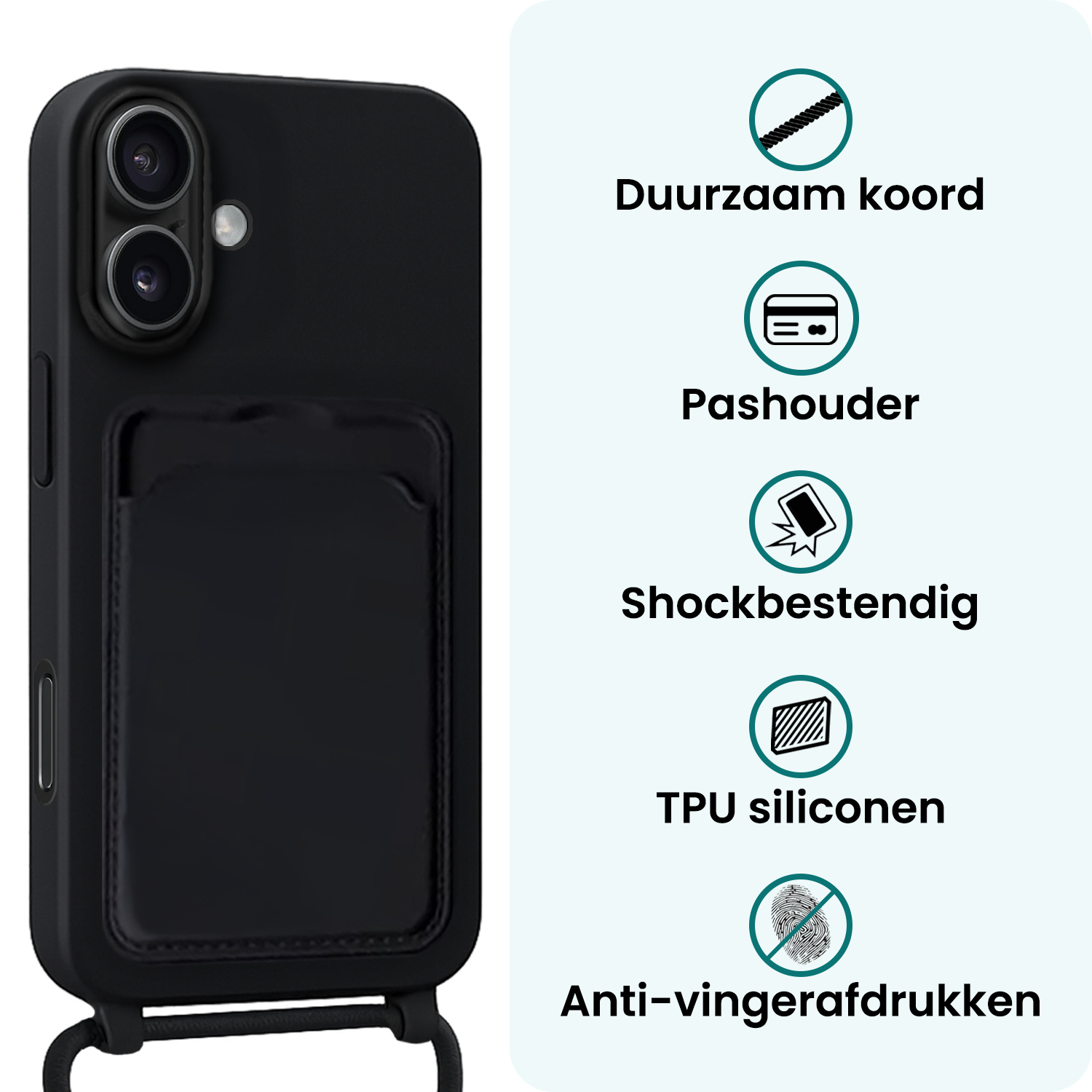 Forterra Forterra iPhone 16 Plus Hoesje Pashouder met Koord Met Screenprotector - Zwart