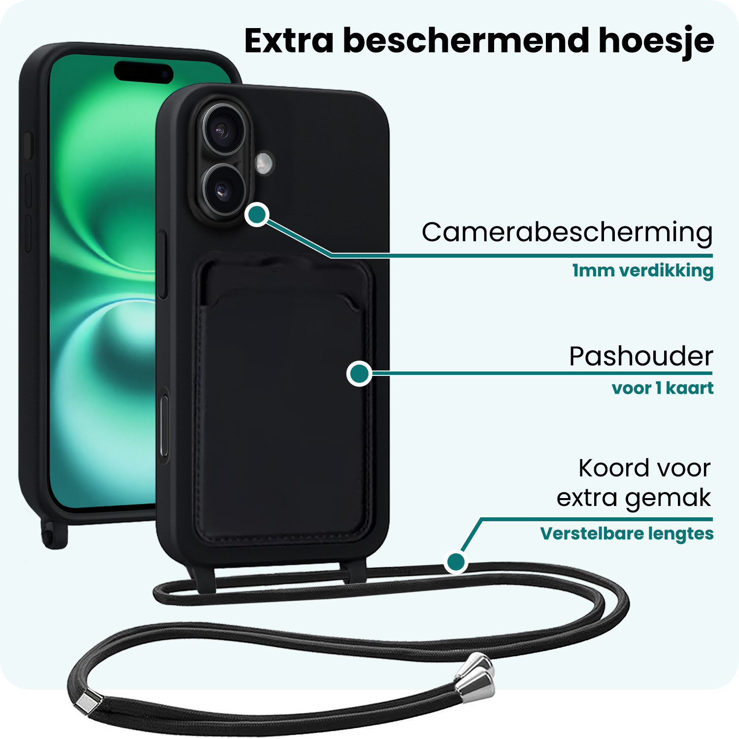 Forterra Forterra iPhone 16 Plus Hoesje Pashouder met Koord Met Screenprotector - Zwart