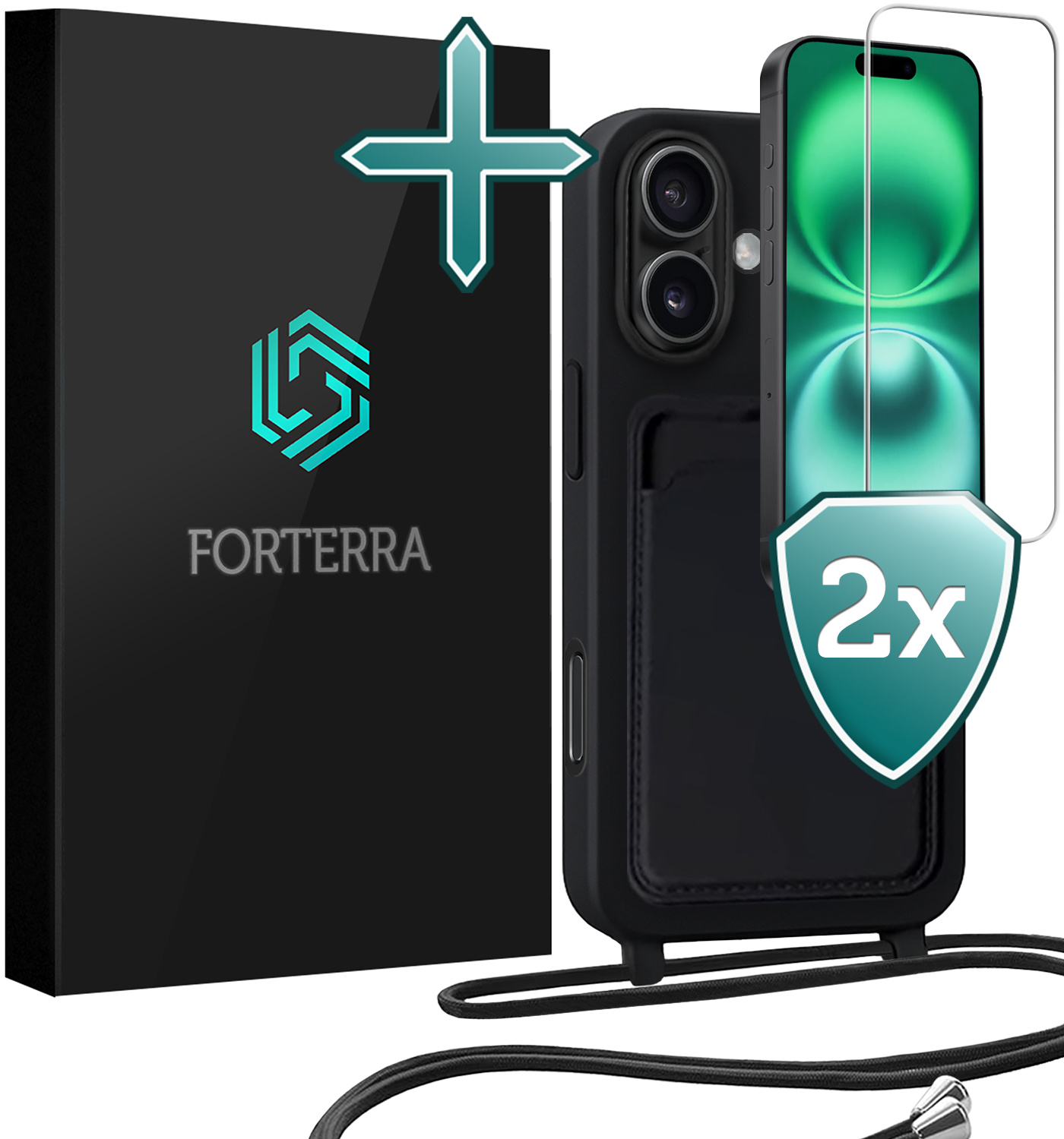 Forterra Forterra iPhone 16 Plus Hoesje Pashouder met Koord Met 2x Screenprotector - Zwart