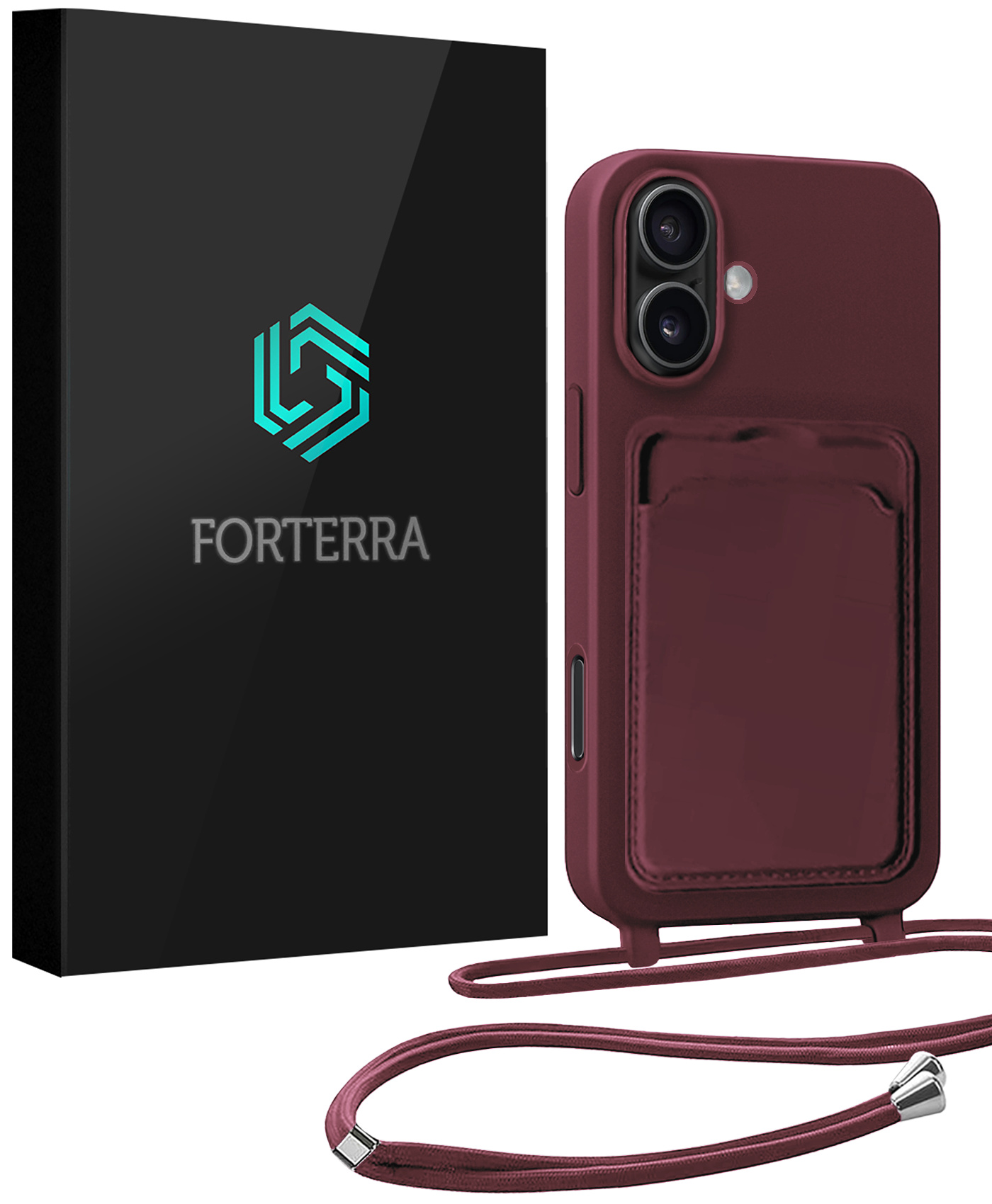 Forterra Forterra iPhone 16 Hoesje Pashouder met Koord - Aubergine