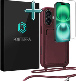 Forterra Forterra iPhone 16 Hoesje Pashouder met Koord Met Screenprotector - Aubergine