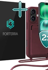 Forterra Forterra iPhone 16 Hoesje Pashouder met Koord Met 2x Screenprotector - Aubergine