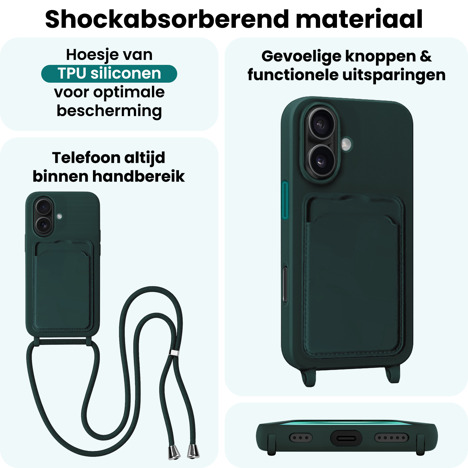 Forterra Forterra iPhone 16 Hoesje Pashouder met Koord - Donkergroen