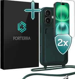Forterra Forterra iPhone 16 Hoesje Pashouder met Koord Met 2x Screenprotector - Donkergroen