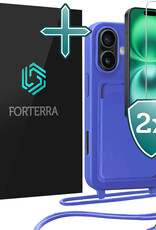 Forterra Forterra iPhone 16 Hoesje Pashouder met Koord Met 2x Screenprotector - Fel Blauw