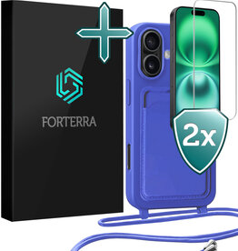 Forterra Forterra iPhone 16 Hoesje Pashouder met Koord Met 2x Screenprotector - Fel Blauw