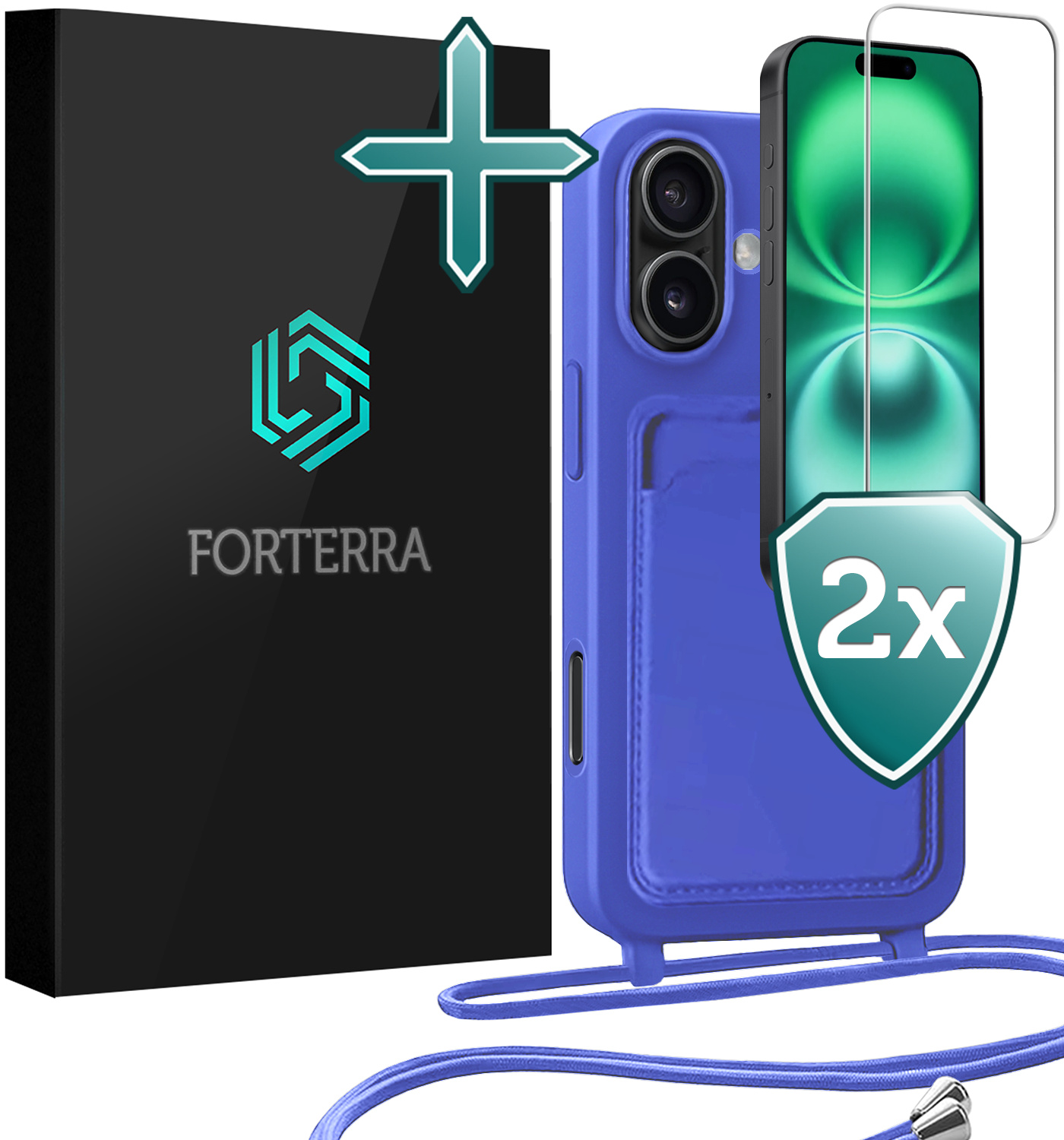 Forterra Forterra iPhone 16 Hoesje Pashouder met Koord Met 2x Screenprotector - Fel Blauw