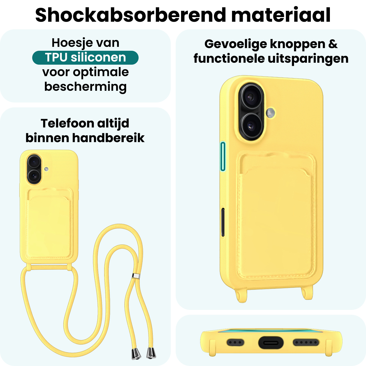 Forterra Forterra iPhone 16 Hoesje Pashouder met Koord - Geel - 2 PACK