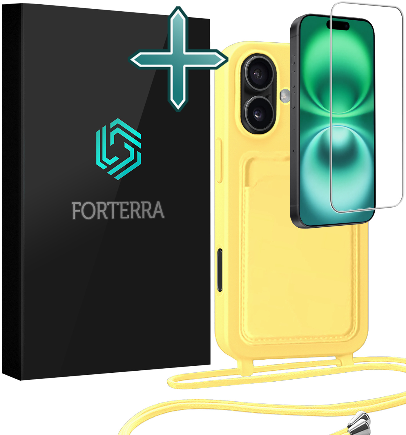 Forterra Forterra iPhone 16 Hoesje Pashouder met Koord Met Screenprotector - Geel