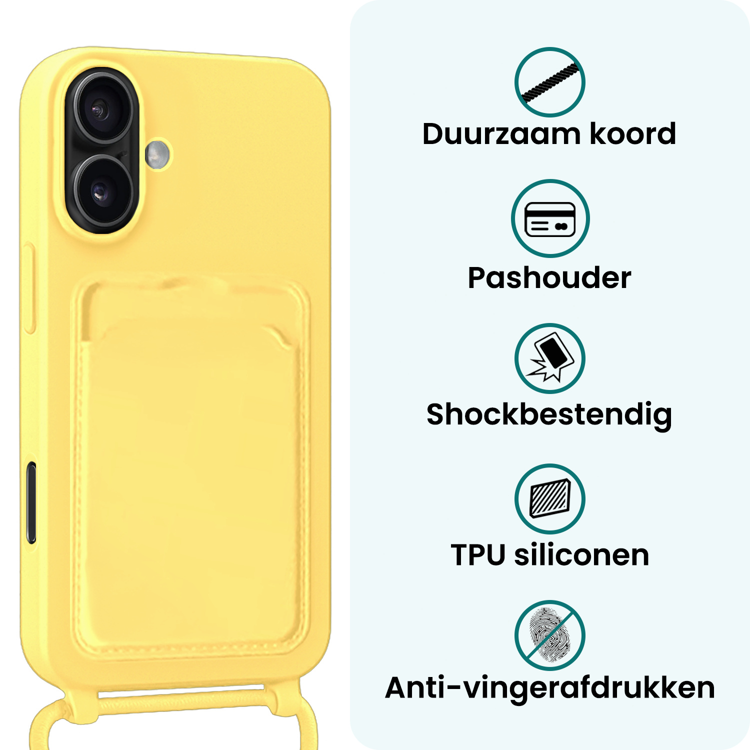 Forterra Forterra iPhone 16 Hoesje Pashouder met Koord Met Screenprotector - Geel