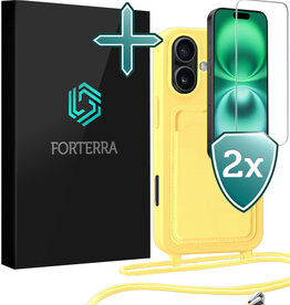 Forterra Forterra iPhone 16 Hoesje Pashouder met Koord Met 2x Screenprotector - Geel