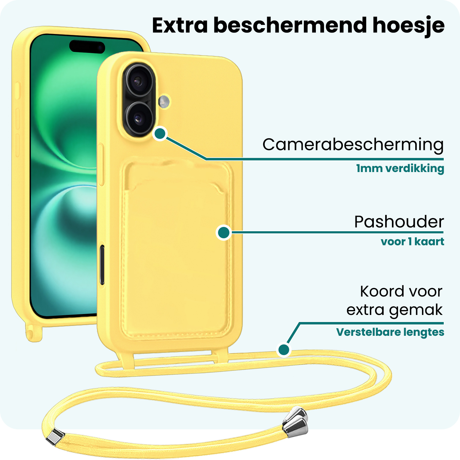 Forterra Forterra iPhone 16 Hoesje Pashouder met Koord Met 2x Screenprotector - Geel
