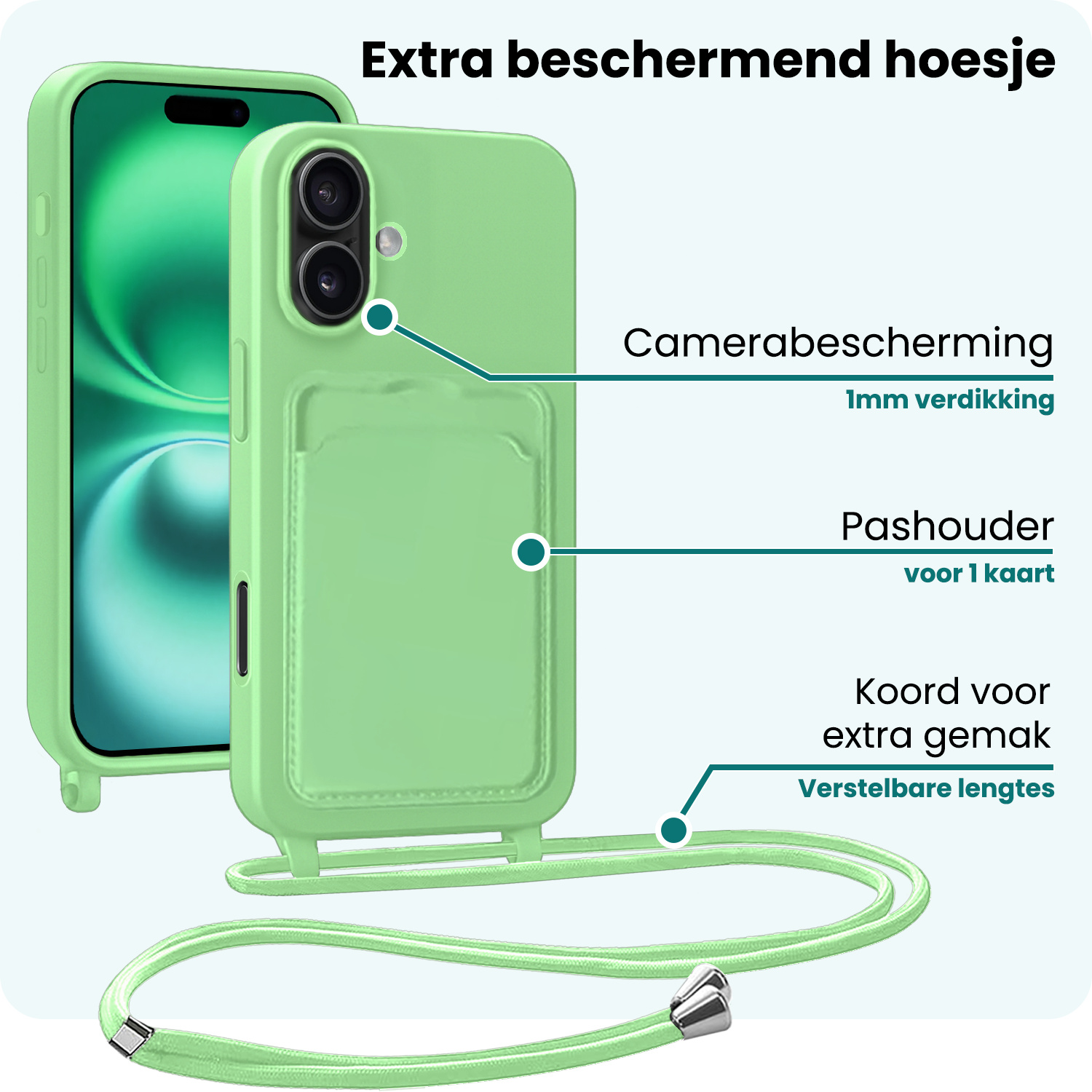 Forterra Forterra iPhone 16 Hoesje Pashouder met Koord Met Screenprotector - Groen