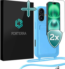 Forterra Forterra iPhone 16 Hoesje Pashouder met Koord Met 2x Screenprotector - Lichtblauw