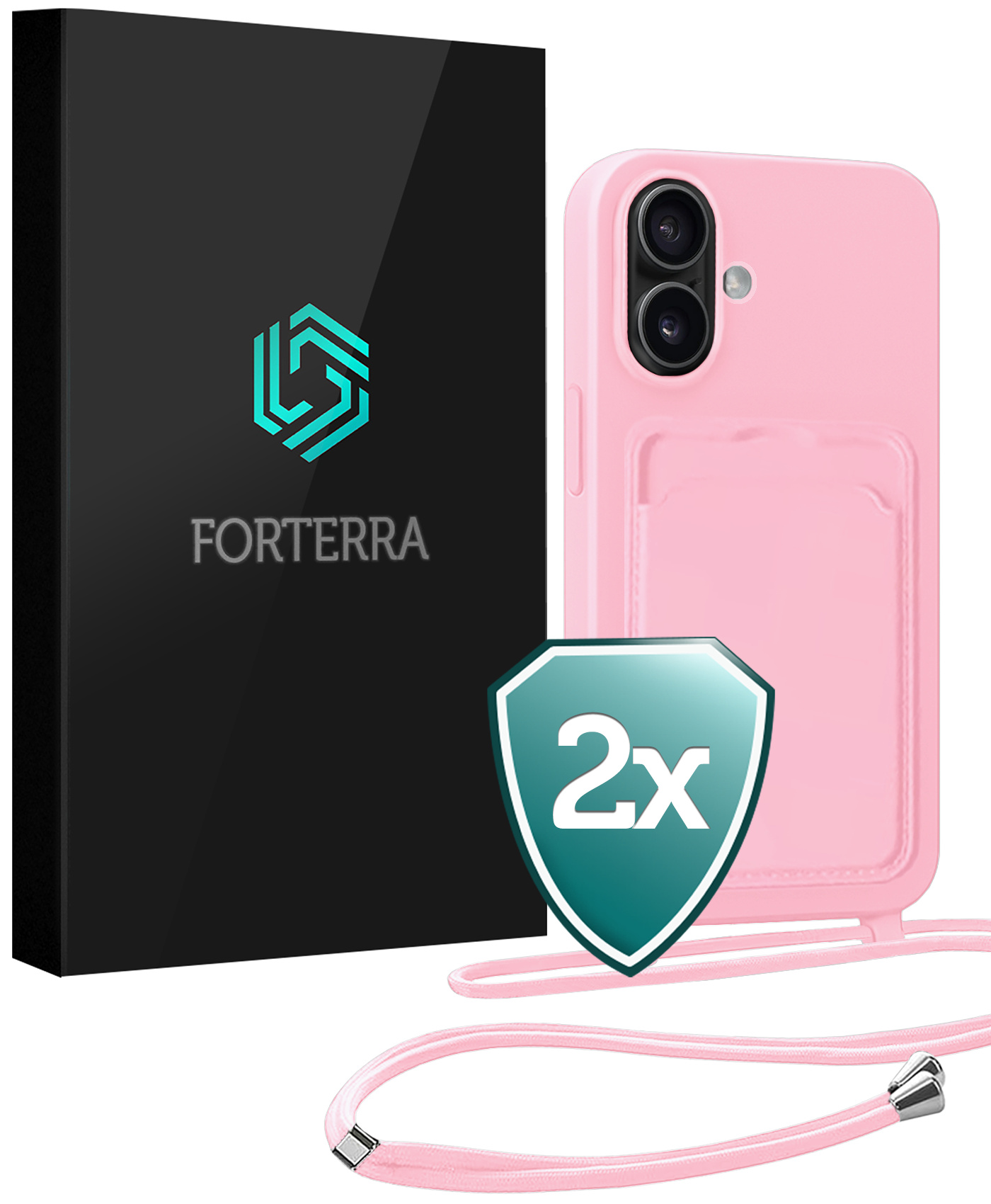 Forterra Forterra iPhone 16 Hoesje Pashouder met Koord - Lichtroze - 2 PACK
