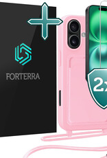 Forterra Forterra iPhone 16 Hoesje Pashouder met Koord Met 2x Screenprotector - Lichtroze