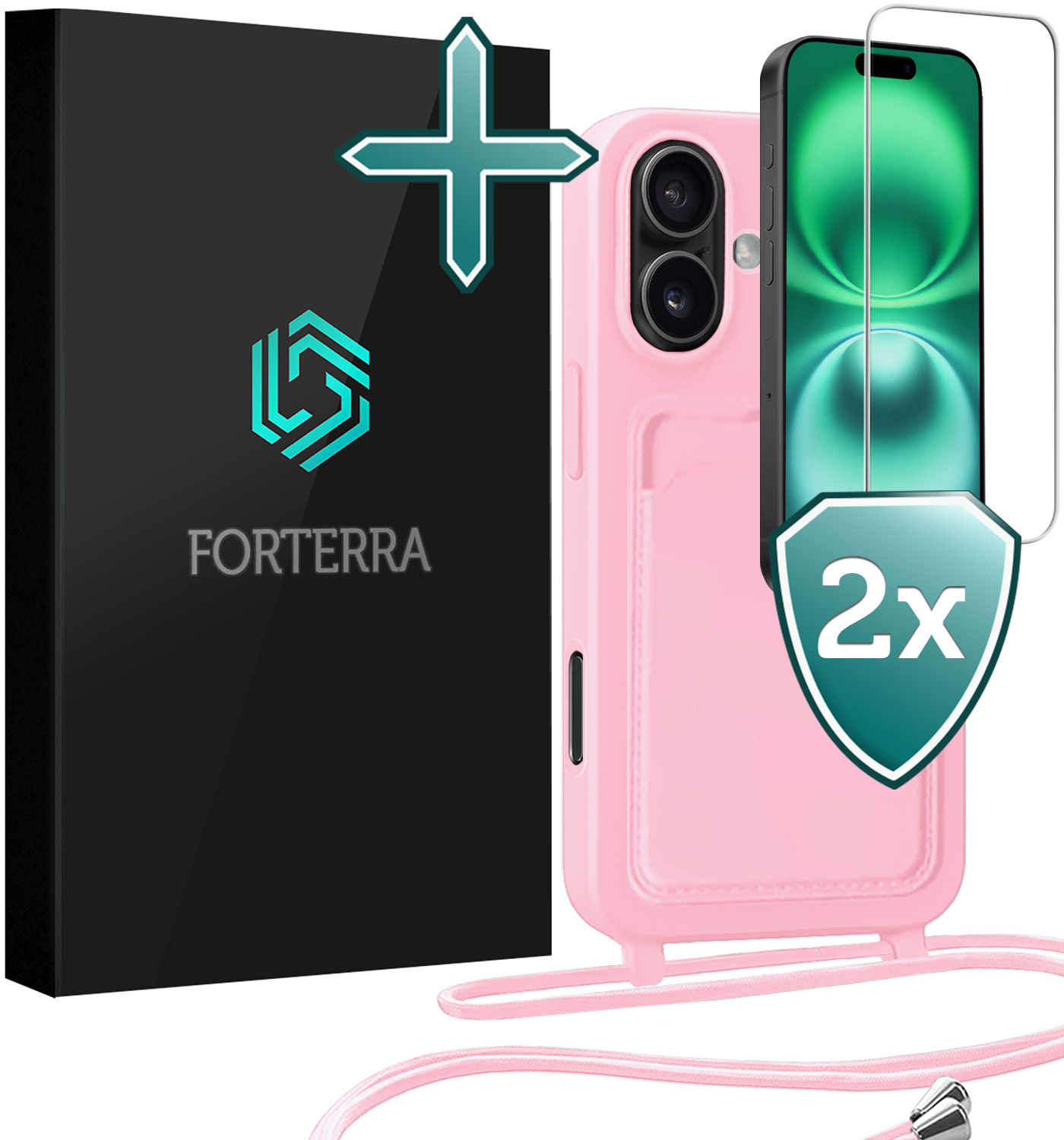 Forterra Forterra iPhone 16 Hoesje Pashouder met Koord Met 2x Screenprotector - Lichtroze