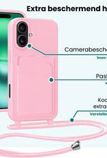 Forterra Forterra iPhone 16 Hoesje Pashouder met Koord Met 2x Screenprotector - Lichtroze