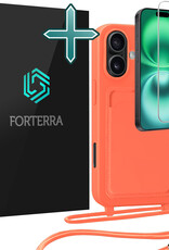 Forterra Forterra iPhone 16 Hoesje Pashouder met Koord Met Screenprotector - Papaya