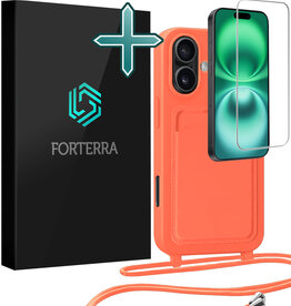 Forterra Forterra iPhone 16 Hoesje Pashouder met Koord Met Screenprotector - Papaya