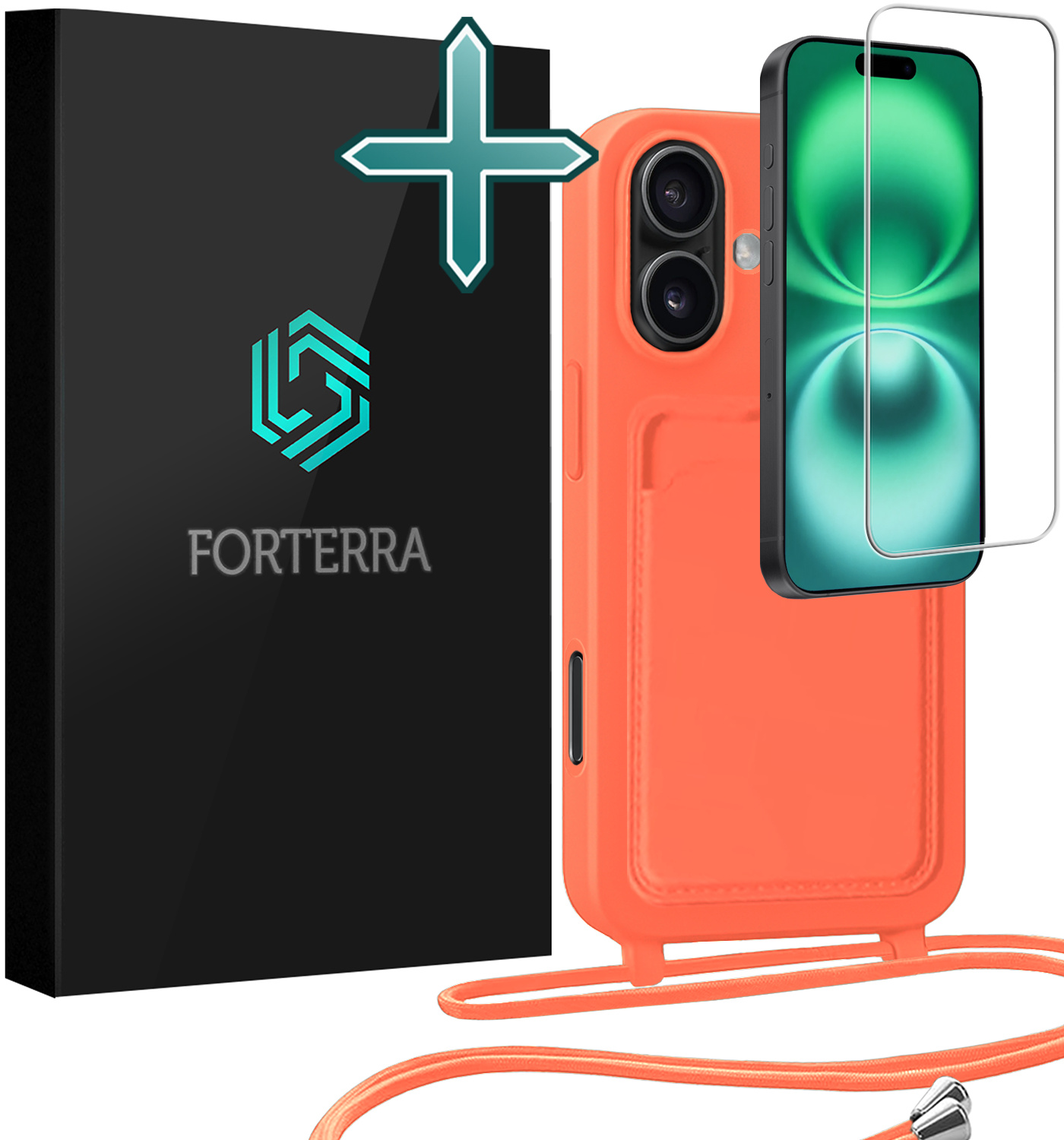 Forterra Forterra iPhone 16 Hoesje Pashouder met Koord Met Screenprotector - Papaya