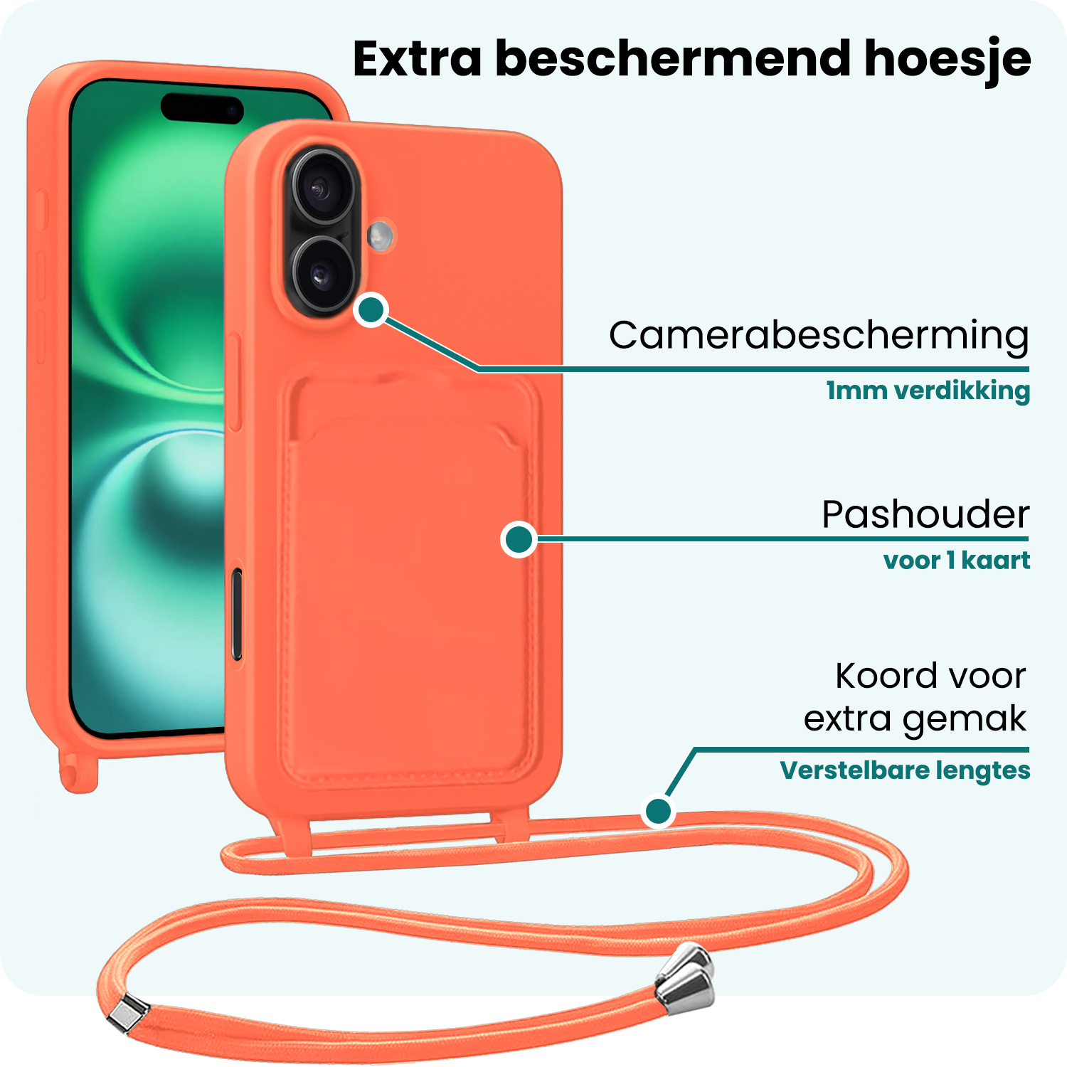 Forterra Forterra iPhone 16 Hoesje Pashouder met Koord Met Screenprotector - Papaya
