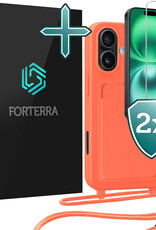 Forterra Forterra iPhone 16 Hoesje Pashouder met Koord Met 2x Screenprotector - Papaya