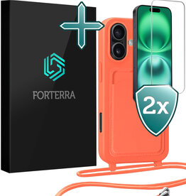 Forterra Forterra iPhone 16 Hoesje Pashouder met Koord Met 2x Screenprotector - Papaya
