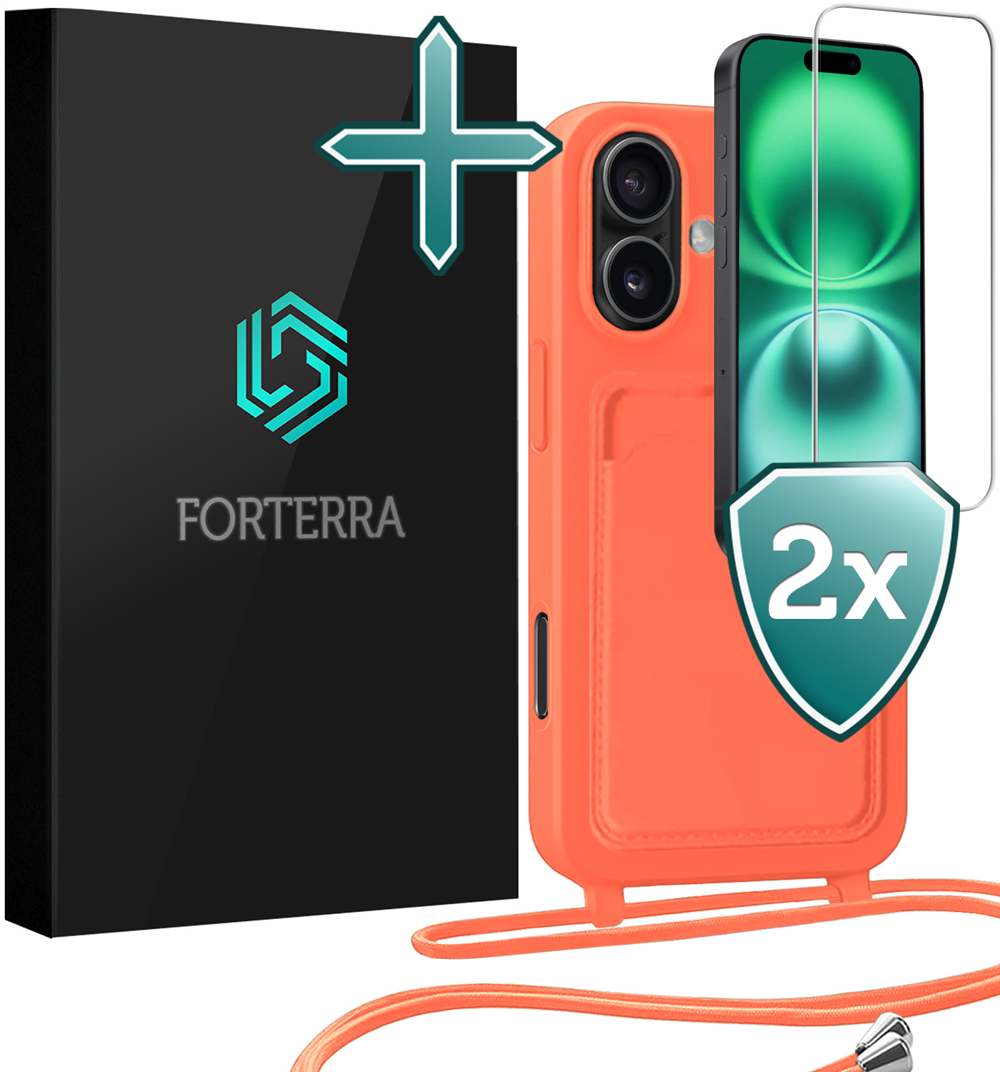 Forterra Forterra iPhone 16 Hoesje Pashouder met Koord Met 2x Screenprotector - Papaya