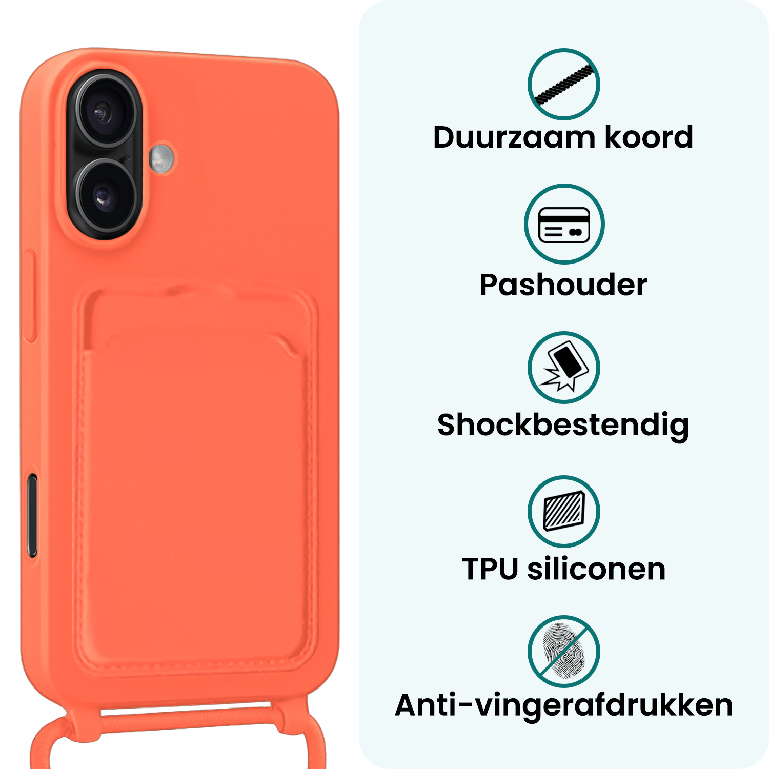 Forterra Forterra iPhone 16 Hoesje Pashouder met Koord Met 2x Screenprotector - Papaya