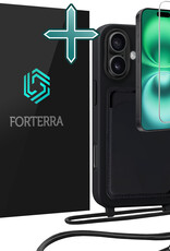 Forterra Forterra iPhone 16 Hoesje Pashouder met Koord Met Screenprotector - Zwart