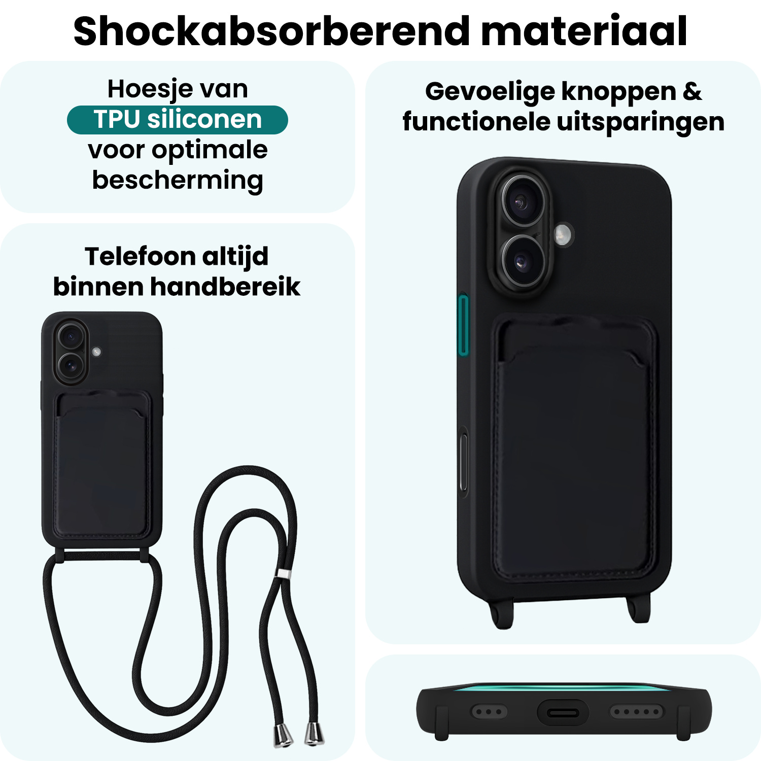 Forterra Forterra iPhone 16 Hoesje Pashouder met Koord Met Screenprotector - Zwart