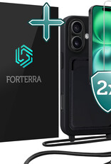 Forterra Forterra iPhone 16 Hoesje Pashouder met Koord Met 2x Screenprotector - Zwart