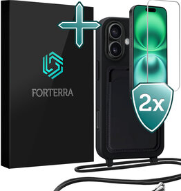 Forterra Forterra iPhone 16 Hoesje Pashouder met Koord Met 2x Screenprotector - Zwart